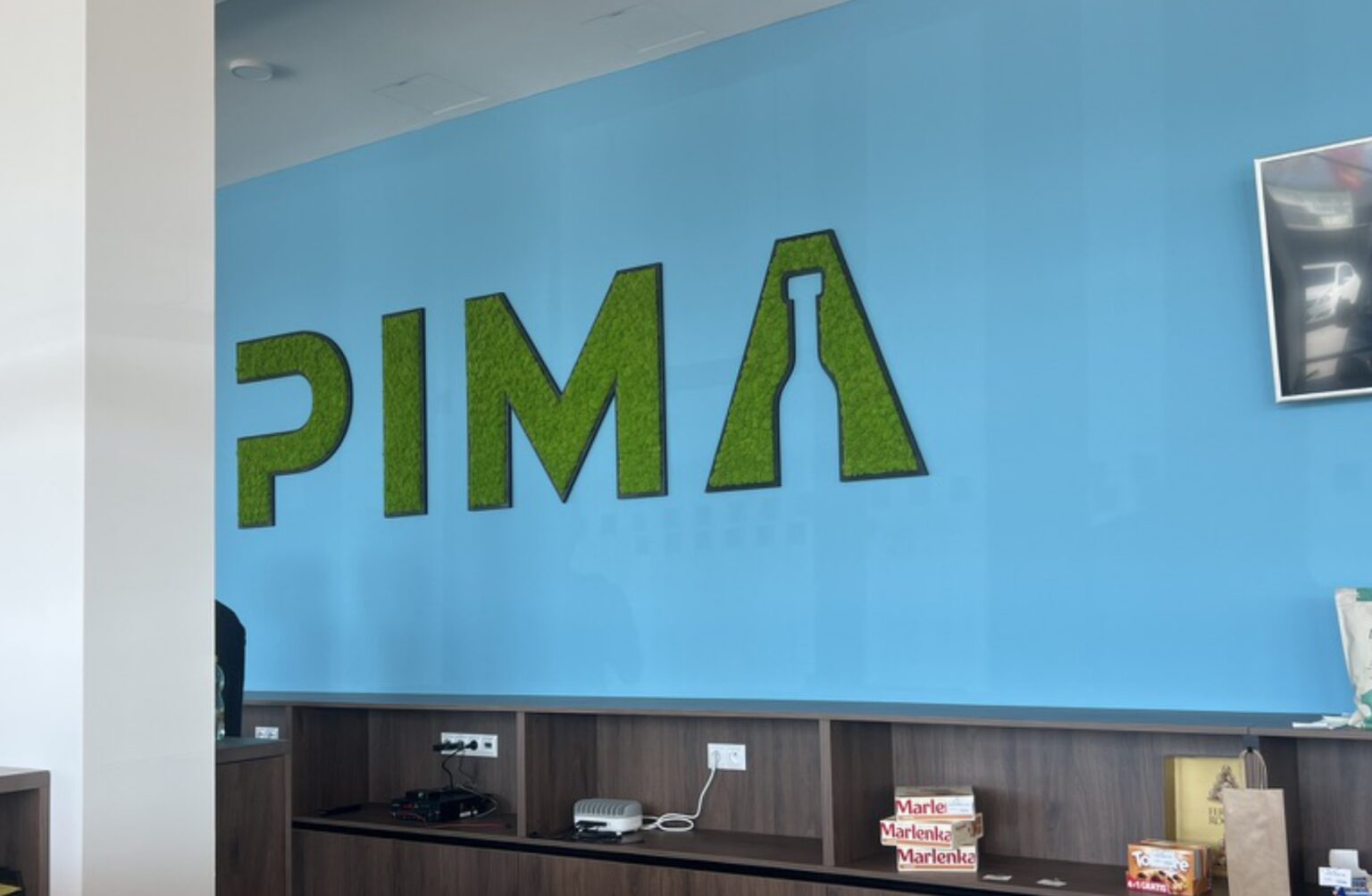 Realizace písmen a loga z lišejníku na stěně