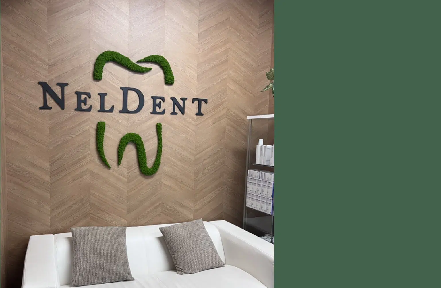 Zelené logo NELDENT na dekorativní stěně v interiéru